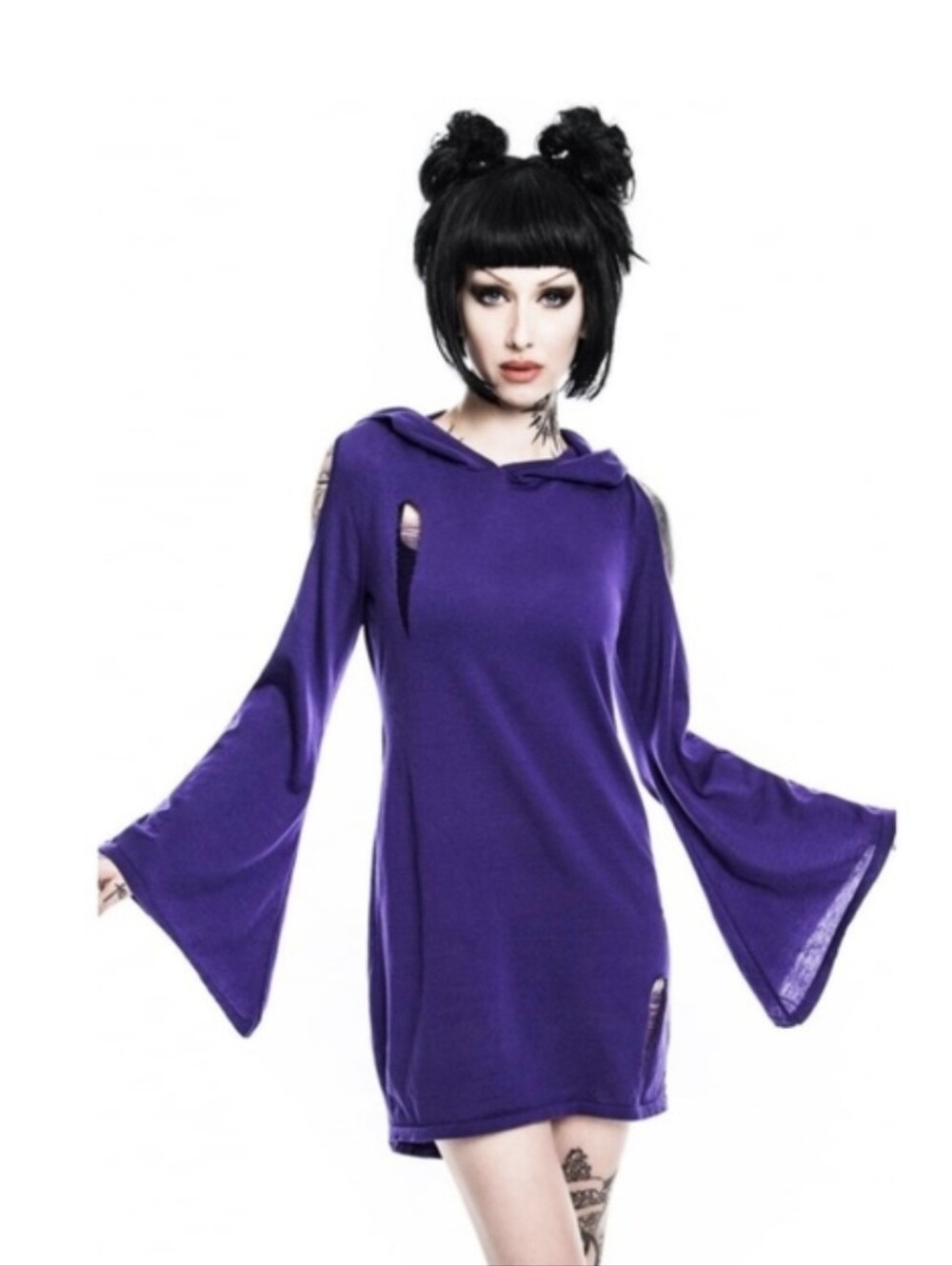 Killstar Distressed Knit Purple Cold Shoulder Hooded Dress XL